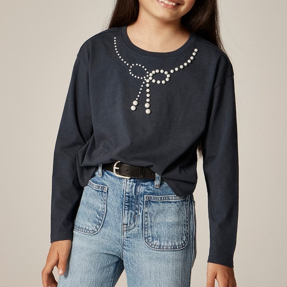 J crew Girls' long-sleeve embellished bow T-shirt with pearls